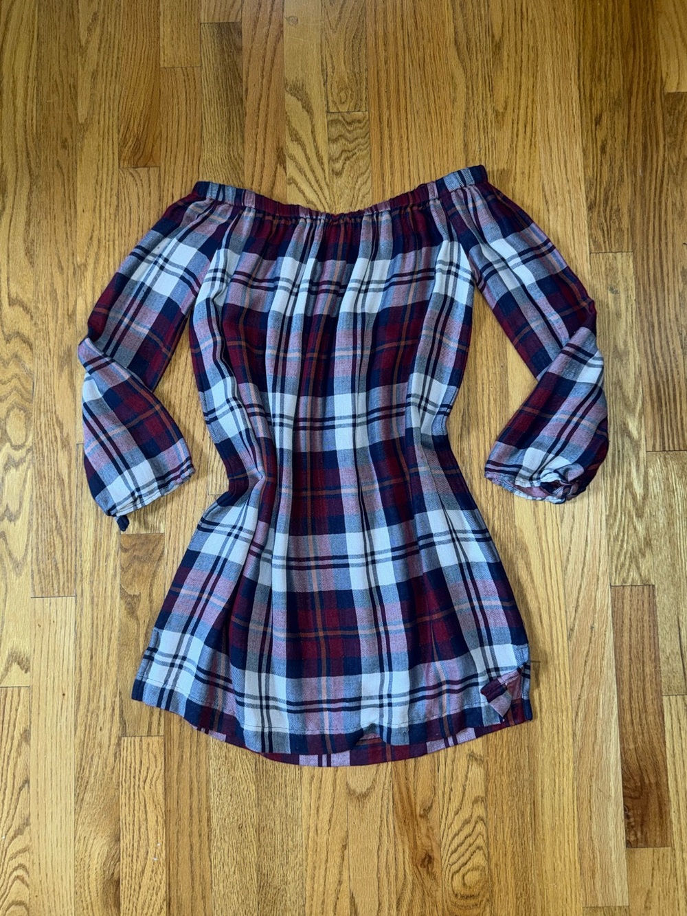 cloth & stone Burgundy and White Plaid Off-Shoulder Blouse